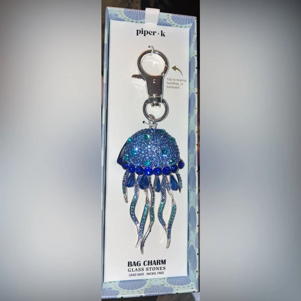 PIPER K Blue Ombré Crystal-Studded Jellyfish or Squid Bag Charm Keychain NEW NWT